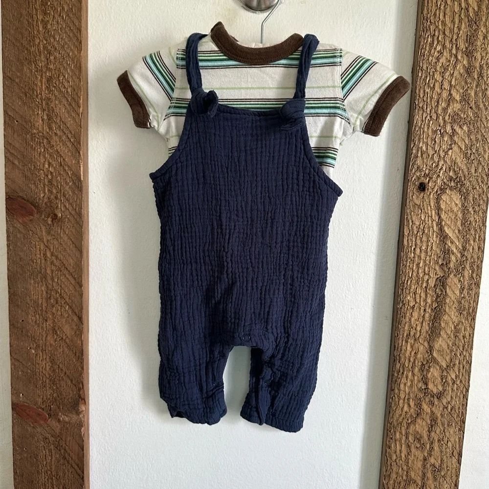 Vintage GAP Stripe Bodysuit & Chick Pea Overalls Baby Boy Matching Outfit 0-3 M